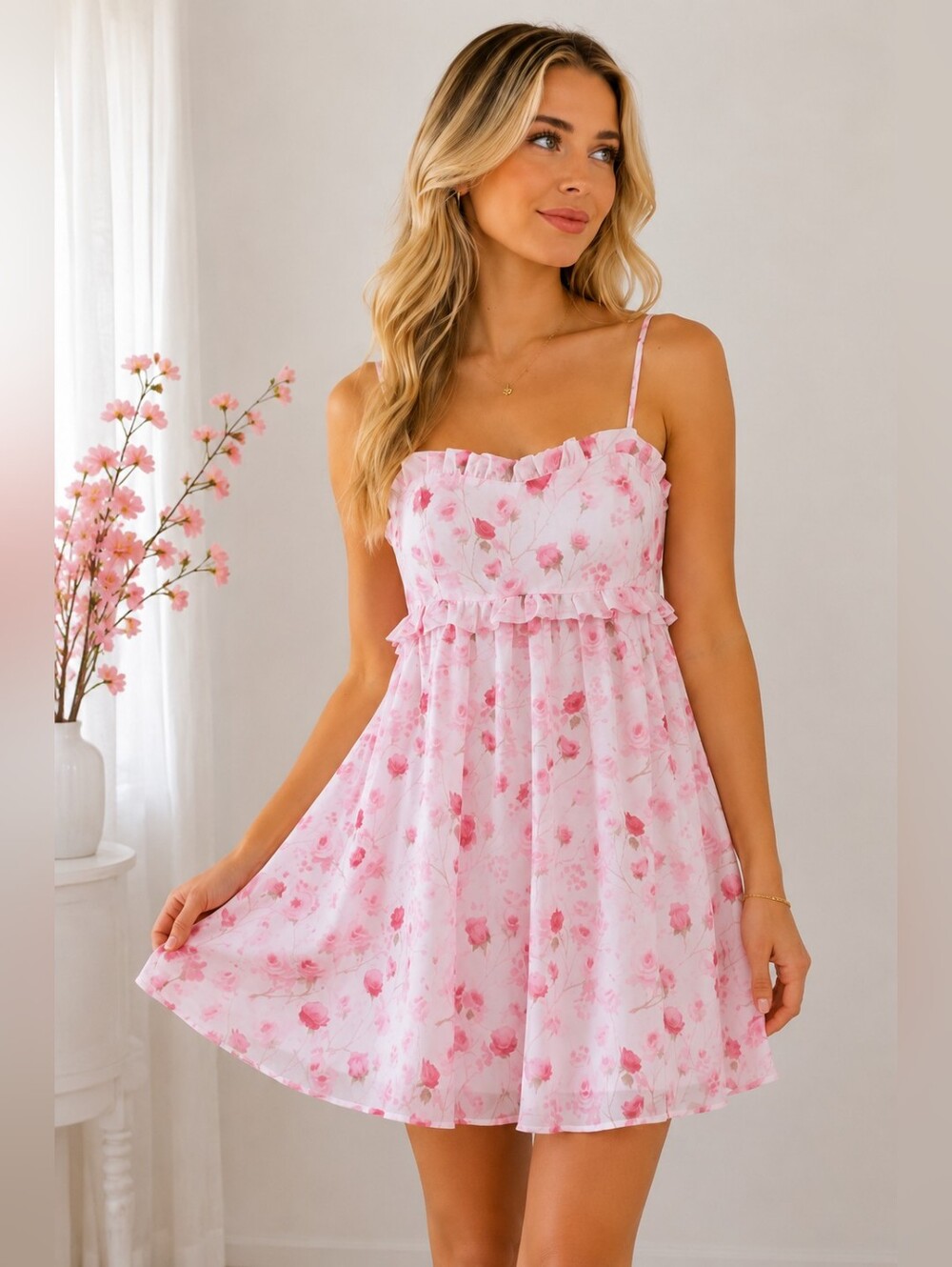 LN Whinsical Storia Pink Floral Ruffle Babydoll Mini Dress
